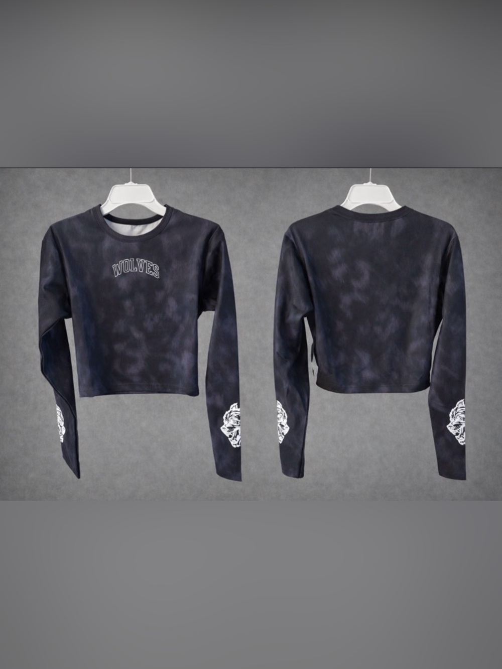 Darc Sport Black Tie-Dye Long Sleeve Crop Top with White Wolf Graphic